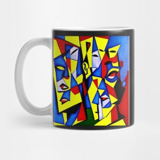 featured on deviantart, cubism, defined facial features, three heads, complementary colourhree colors, parallelism, close-up print of fractured, drawings Mug